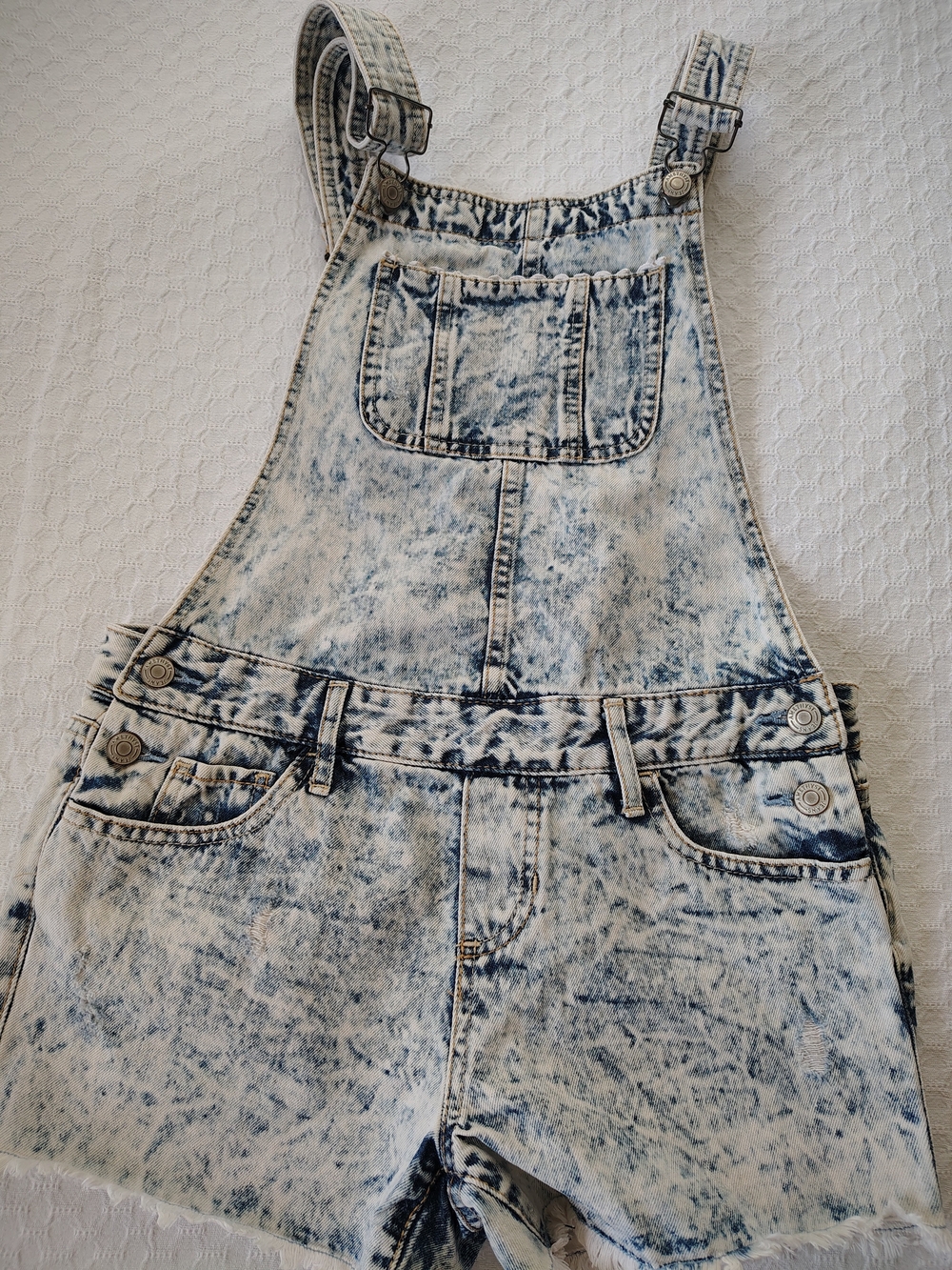 Acid Wash Denim Short Overalls - Blue and White Size 1
